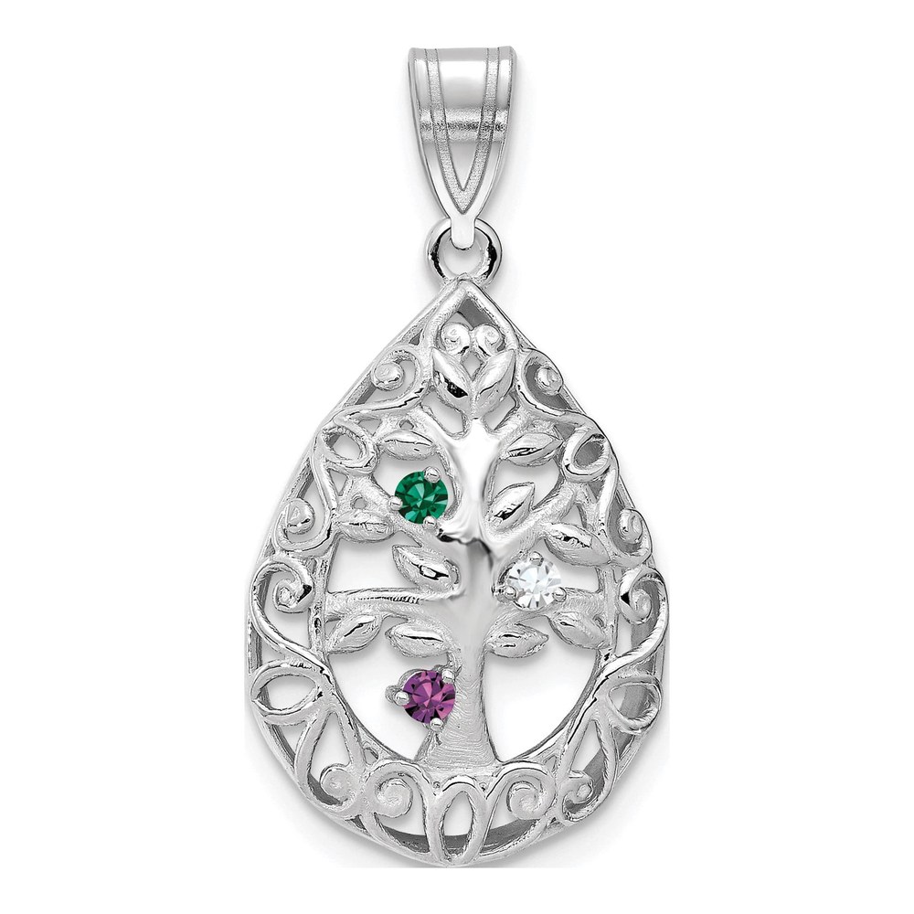 10K White Gold 10Kw 3 Birthstone Tree Of Life Tear Drop Pendant