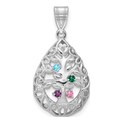 10K White Gold 4-Birthstone Tree of Life Tear Drop Pendant