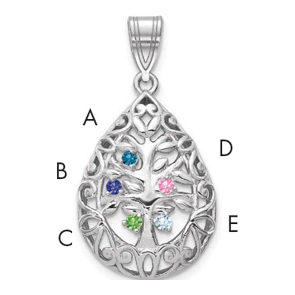 10K White Gold Rhodium-Plated 5 Birthstone Tree Of Life Tear Drop Pendant