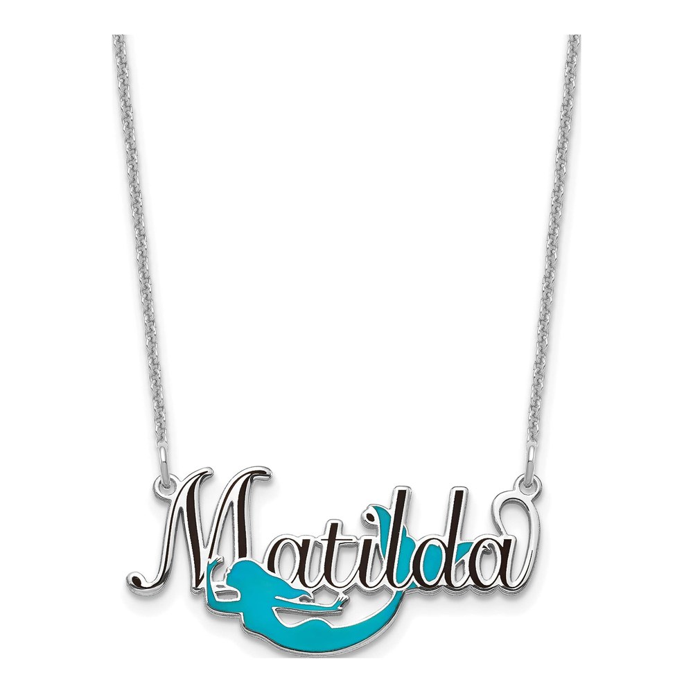 10K White Gold Enameled Name Plate Mermaid Necklace