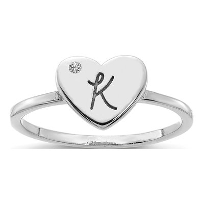 10K White Gold Diamond Initial Heart Signet Ring