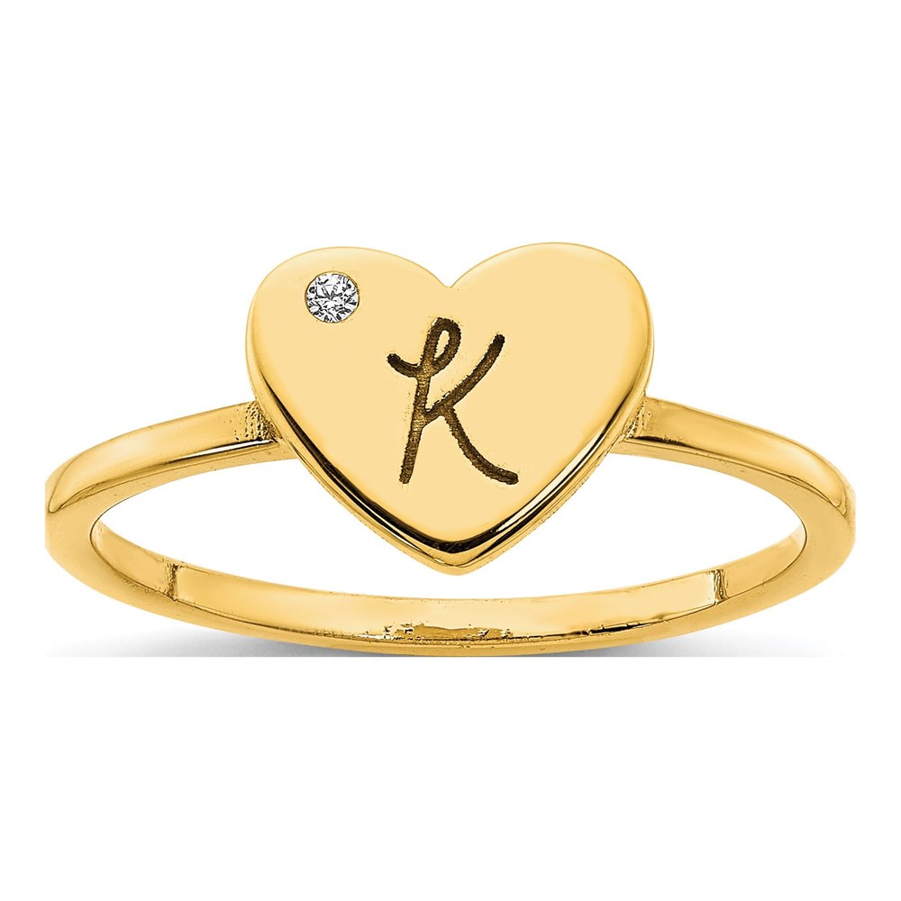 10K Yellow Gold Diamond Initial Heart Signet Ring