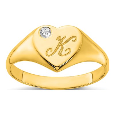 10K Yellow Gold Diamond Heart Initial Signet Ring