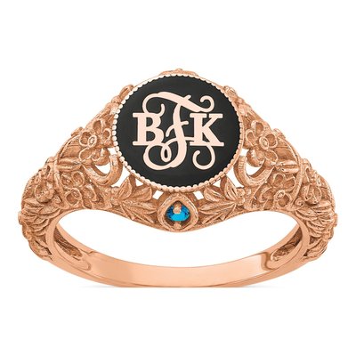 10K Rose Gold Filigree Birthstone Monogram Ring