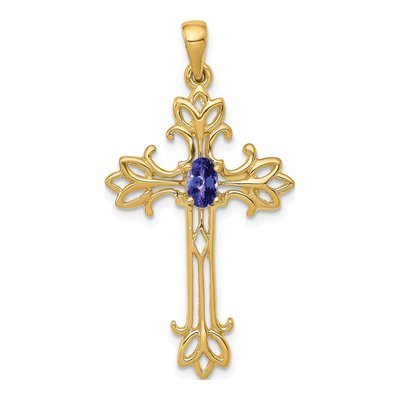 10K Yellow Gold Tanzanite Natural Cross Pendant