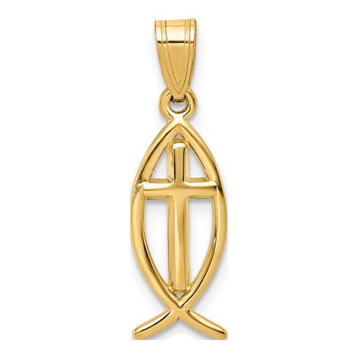 10K Yellow Gold Ichthus Fish Cross Pendant