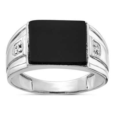Men's 10K White Gold Onyx & Diamond Cushion Ring