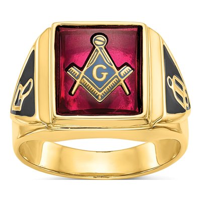 Men's 10K Yellow Gold Lab-Created Ruby Masonic Ring