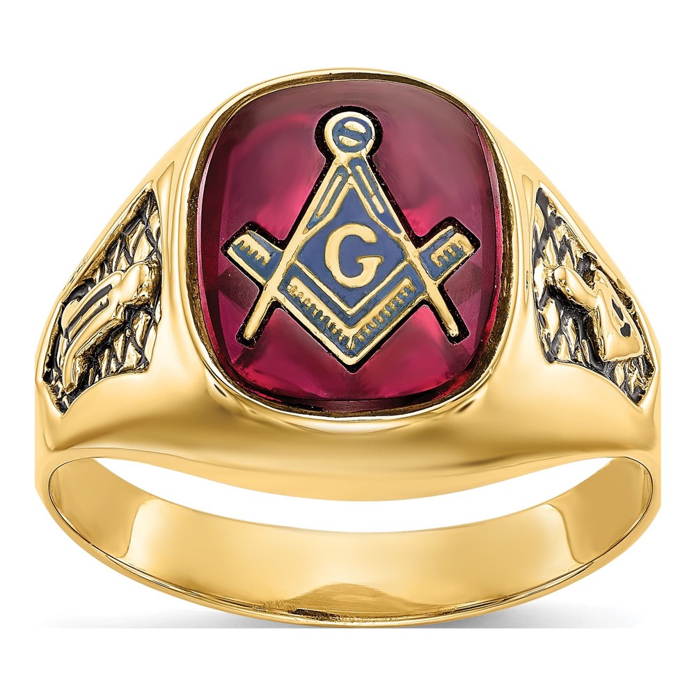 Men's 10K Yellow Gold Lab-Created Ruby Masonic Ring