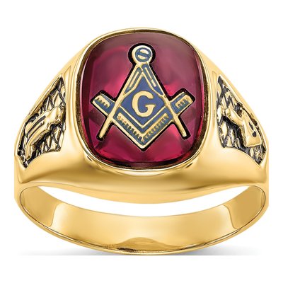 Men's 10K Yellow Gold Lab-Created Ruby Masonic Ring