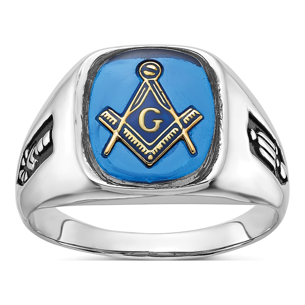 Men's 10K White Gold Masonic Ring with Blue Spinel