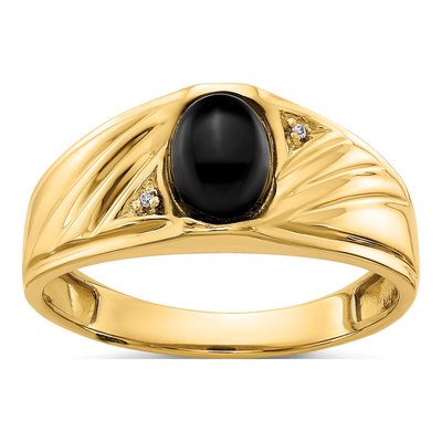 Men's 10K Yellow Gold Onyx & Diamond Oval Cabochon Ring