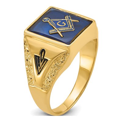 Men's 10K Yellow Gold Simulated Blue Spinel Masonic Ring – view 7