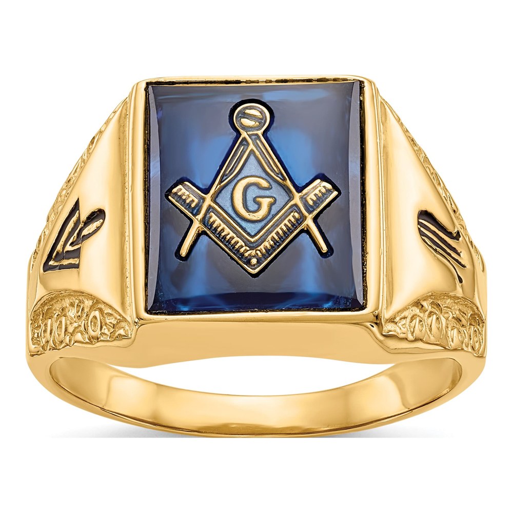 Men's 10K Yellow Gold Simulated Blue Spinel Masonic Ring