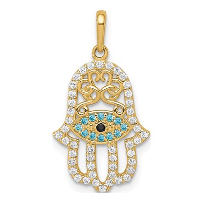 10K Yellow Gold Hamsa Evil Eye CZ Pendant