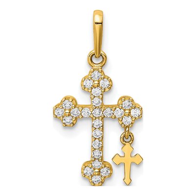 10K Yellow Gold CZ Budded Cross Dangle Pendant