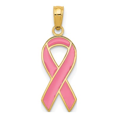 10K Yellow Gold Pink Enamel Awareness Ribbon Pendant