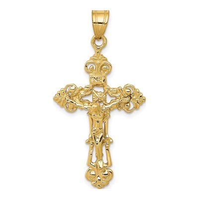 10K Yellow Gold INRI Fleur de Lis Crucifix Pendant