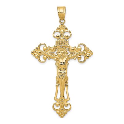 10K Yellow Gold Large INRI Fleur de Lis Crucifix Pendant