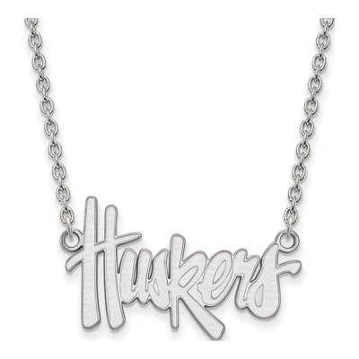 University of Nebraska 10K White Gold Huskers Script Large Necklace