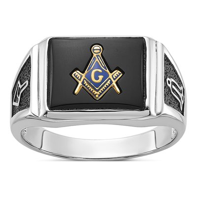 Men's 10K White Gold Onyx Masonic Ring