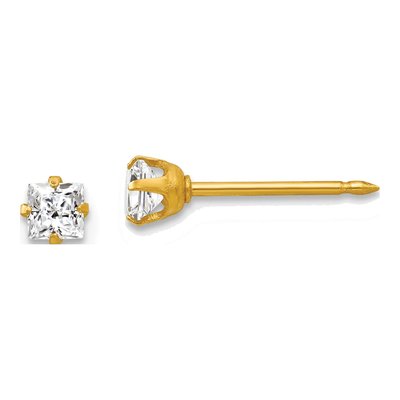 18K Yellow Gold 3mm CZ Square Stud Earrings