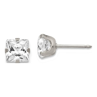 Stainless Steel 7mm CZ Square Stud Earrings
