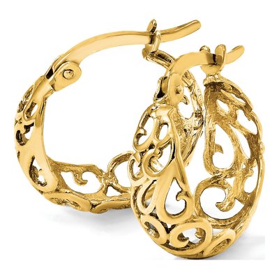 14K Yellow Gold 15mm Filigree Hoop Earrings – view 6