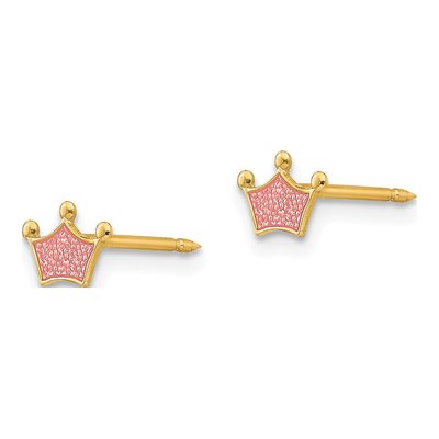 14K Yellow Gold Pink Crown Piercing Stud Earrings – view 2