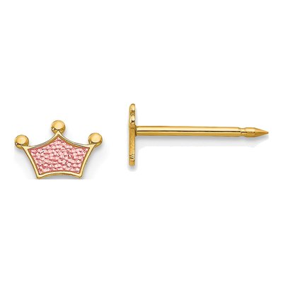 14K Yellow Gold Pink Crown Piercing Stud Earrings