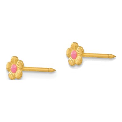 14K Yellow Gold Pink Mini Flower Stud Earrings – view 2