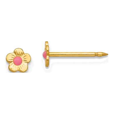14K Yellow Gold Pink Mini Flower Stud Earrings
