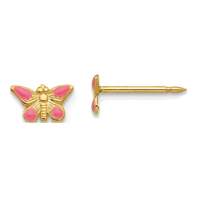 14K Yellow Gold Pink Butterfly Stud Earrings