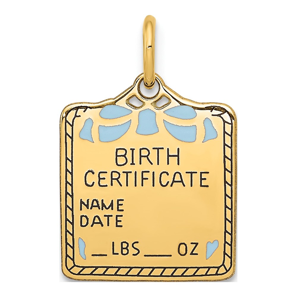14K Yellow Gold Blue Enamel Birth Certificate Charm