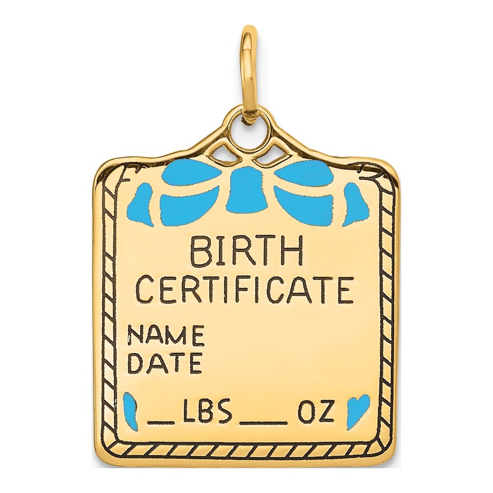 14K Yellow Gold Blue Enamel Birth Certificate Charm