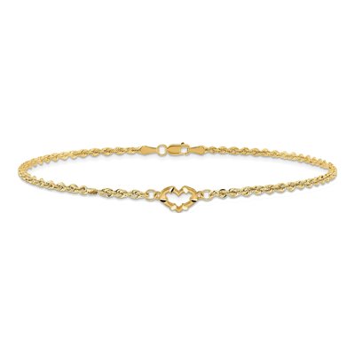 14K Yellow Gold 2mm Hollow Diamond-Cut Open Heart Rope Chain Anklet – view 4