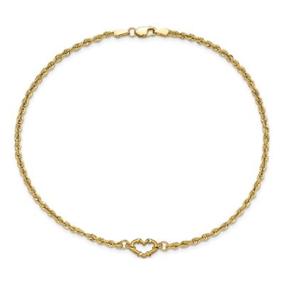 14K Yellow Gold 2mm Hollow Diamond-Cut Open Heart Rope Chain Anklet – view 5