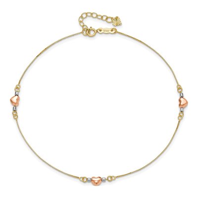 14K Tri-Color Gold Puffed Hearts Anklet – view 6