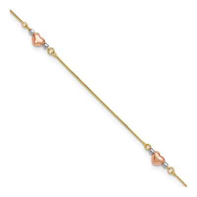 14K Tri-Color Gold Puffed Hearts Anklet