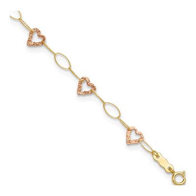 14K Two-Tone Gold Hammered Open Hearts Anklet