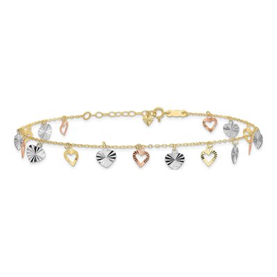 14K Tri-Color Gold Dangle Hearts Anklet – view 4