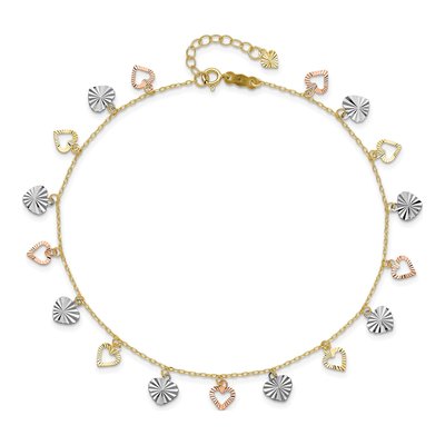 14K Tri-Color Gold Dangle Hearts Anklet – view 5