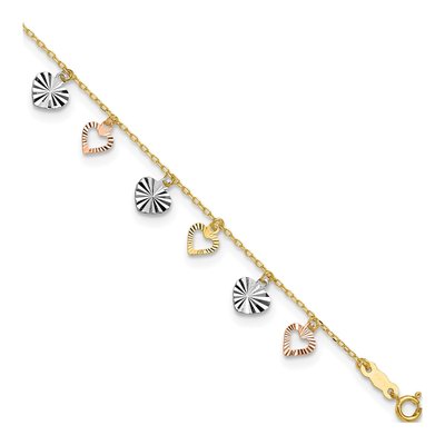 14K Tri-Color Gold Dangle Hearts Anklet