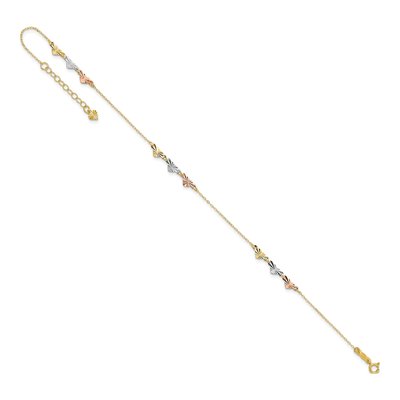 14K Tri-Color Gold Diamond-Cut Hearts Anklet – view 8