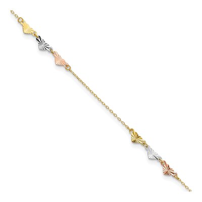14K Tri-Color Gold Diamond-Cut Hearts Anklet