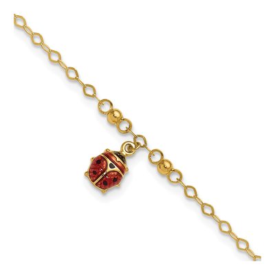 14K Yellow Gold Red Black Ladybug Anklet