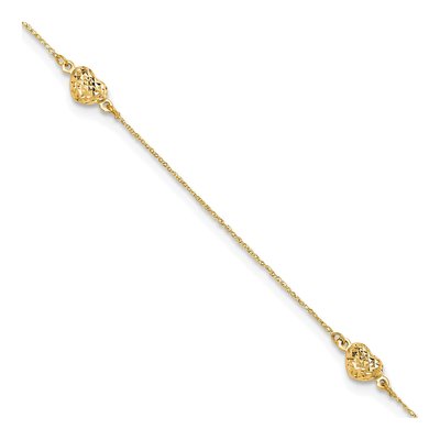 14K Yellow Gold Triple Puffed Hearts Anklet