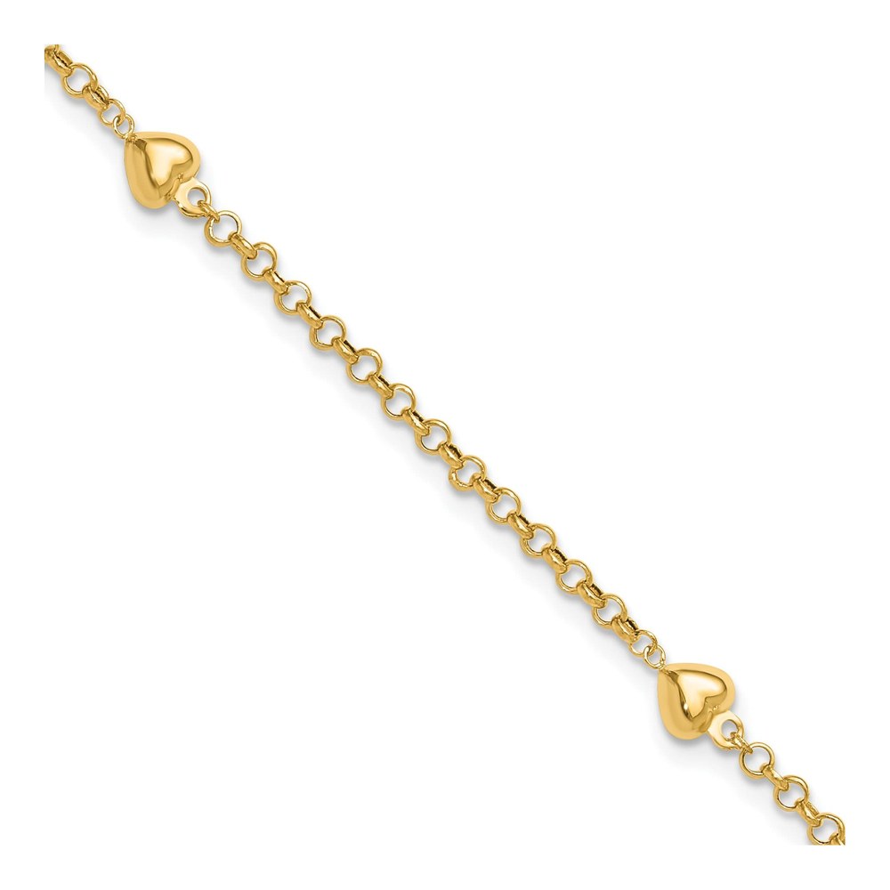 14K Polished Puffed Heart 3-Station 9 Inch Anklet with Spring Ring Clasp