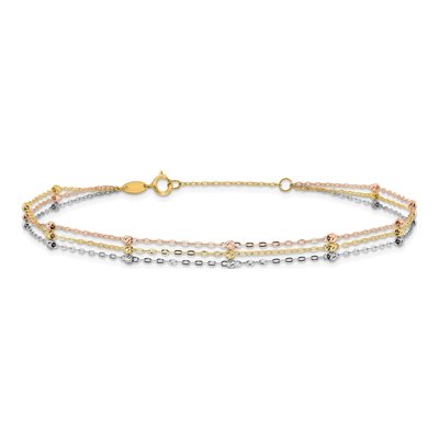 14K Tri-Color Gold 3-Strand Beaded Anklet – view 4