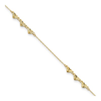 14K Yellow Gold Diamond-Cut Hearts Anklet